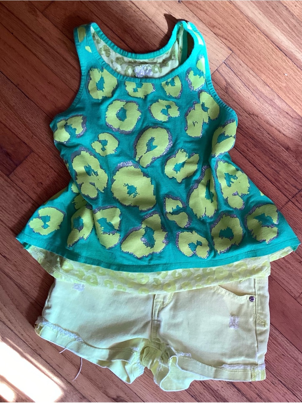 27A Justice Teal Tank Top with Yellow Leopard Print